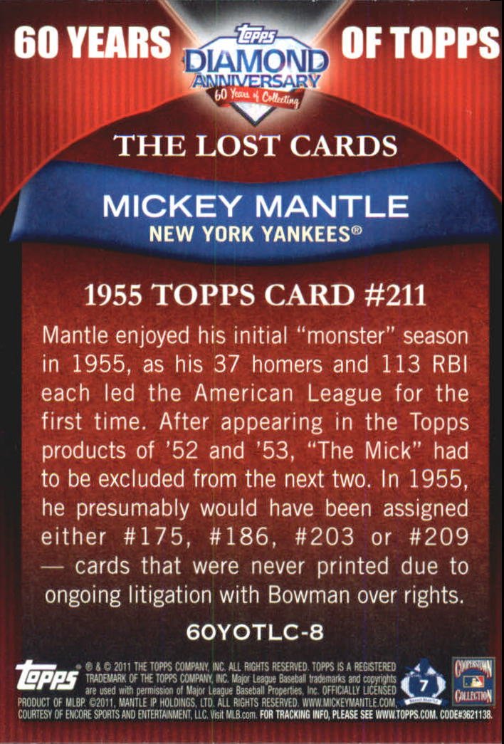 2011 Topps 60 Years Of Topps The Lost Cards #60YOTLC-8 Mickey Mantle New York Yankees Baseball Card NM-MT