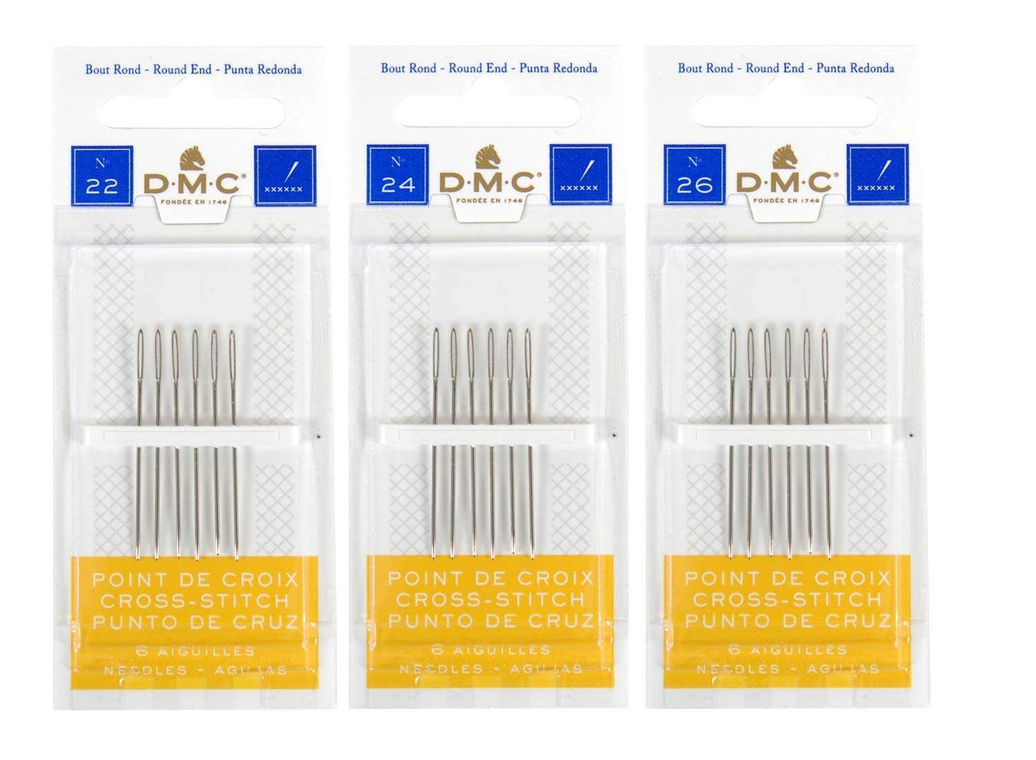 DMC 3 Pack Size 22-24-26 (One Pack Each)-Cross Stitch Needles - Total 18 Needles - New Package