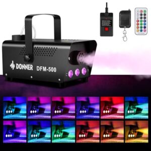 donner fog machine with 13 colors, 500w and 2000cfm party smoke machine with rgb led light, indicate light automatic control with 2 wireless remote controls for halloween festival wedding