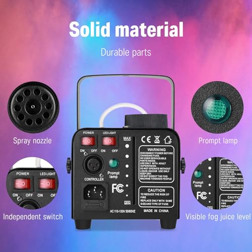 Donner Fog Machine with 13 Colors, 500W and 2000CFM Party Smoke Machine with RGB LED Light, Indicate Light Automatic Control with 2 Wireless Remote Controls for Halloween Festival Wedding