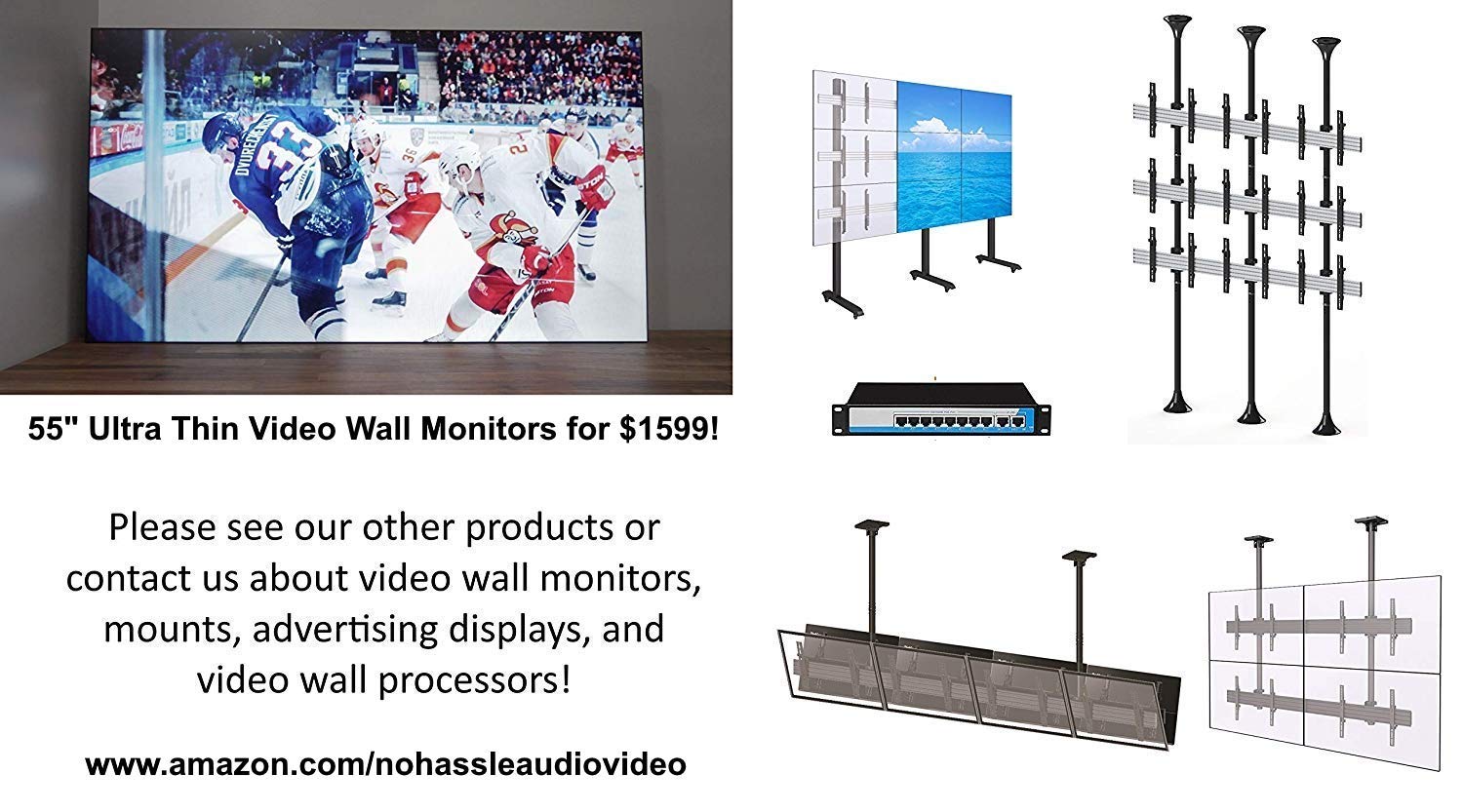 3x3 Video Wall Pop Out Mounting System Horizontal Rails Fixed Displays with with Micro Adjustment Arms Vesa Universal TV Television Monitors