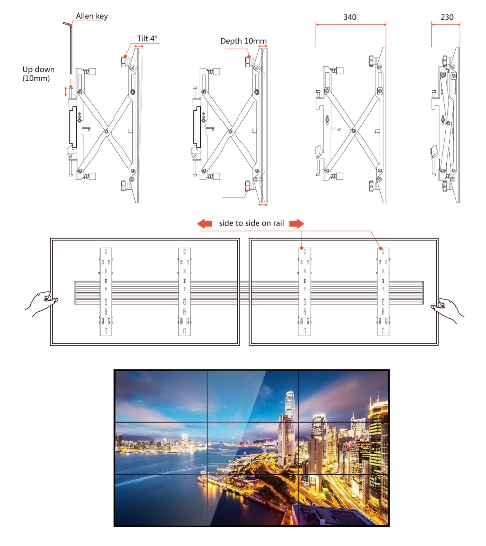 3x3 Video Wall Pop Out Mounting System Horizontal Rails Fixed Displays with with Micro Adjustment Arms Vesa Universal TV Television Monitors