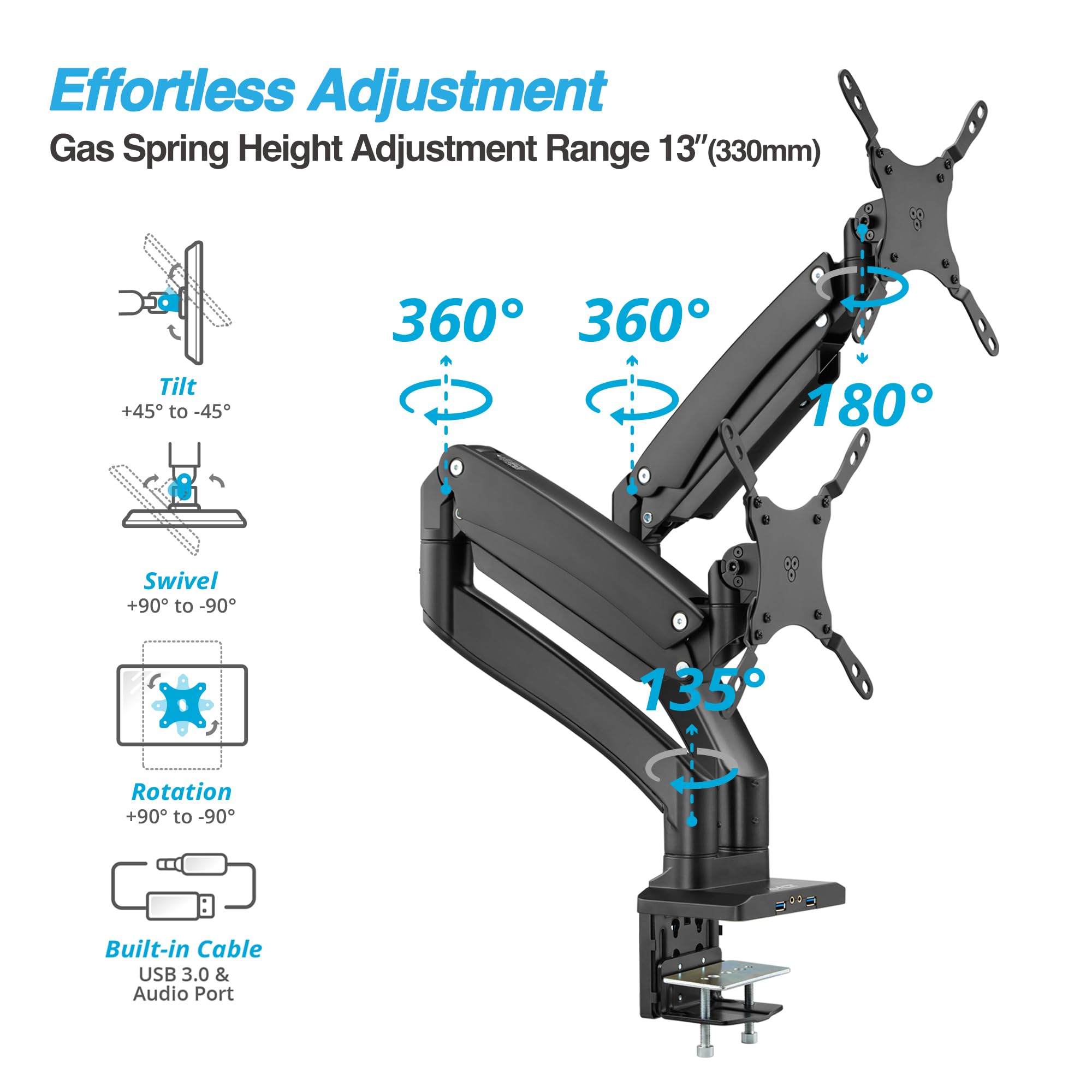 AVLT Dual 13"-43" Monitor Arm Desk Mount fits Two Flat/Curved Monitor Full Motion Height Swivel Tilt Rotation Adjustable Monitor Arm - Black/VESA/C-Clamp/Grommet/Cable Management