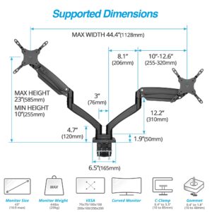 AVLT Dual 13"-43" Monitor Arm Desk Mount fits Two Flat/Curved Monitor Full Motion Height Swivel Tilt Rotation Adjustable Monitor Arm - Black/VESA/C-Clamp/Grommet/Cable Management