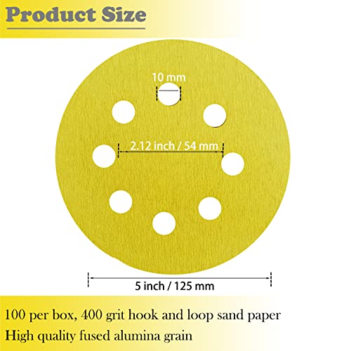 Sackorange 100 Pcs 5-Inch 8-Hole 400 Grits Dustless Hook-and-Loop Sanding Disc Sander Round Sandpaper for Woodworking or Automotive (400 Grits,Pack of 100)