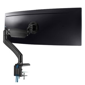avlt single 17"-49" super ultrawide monitor arm for screens up to 50 lbs, premium aluminum desk stand, adjustable pneumatic height, full motion swivel tilt rotation, usb 3.0 & aux ports, black