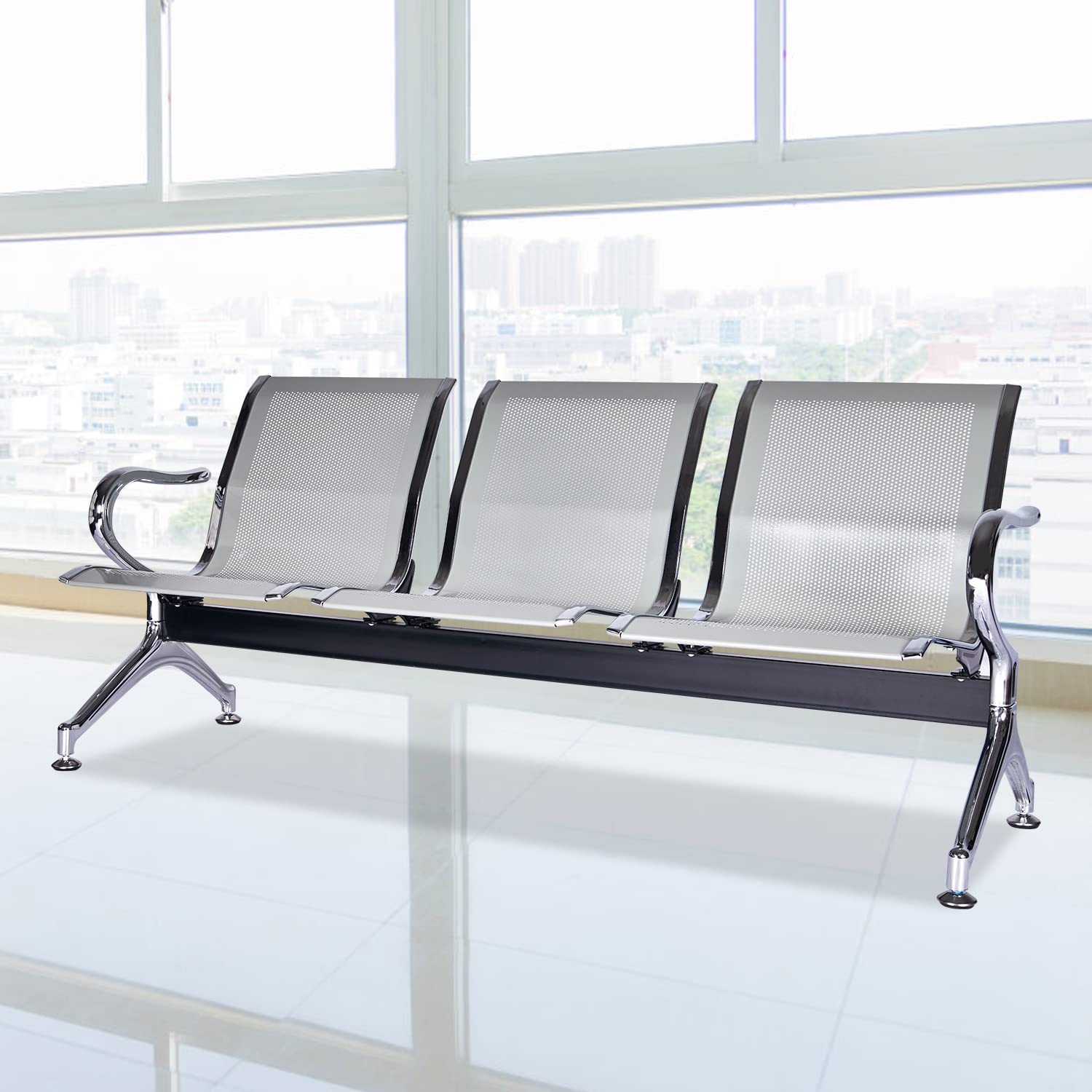 kinbor Waiting Room Chairs - Silver Reception Chairs, Waiting Room Bench for Clinic, 3 Seat Office Guest Chairs, Lobby Furniture for Hospital, Salon, Bank, Airport