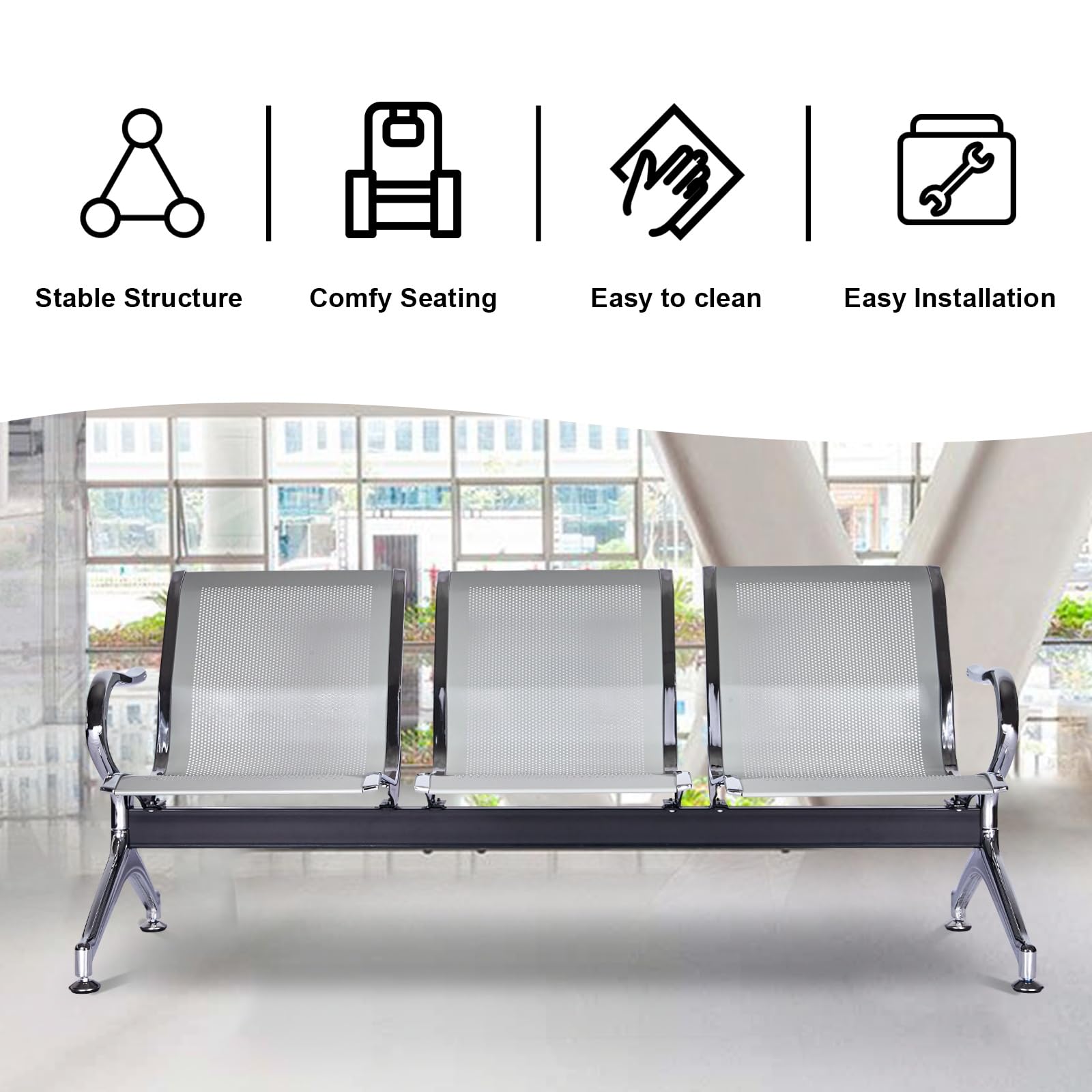 kinbor Waiting Room Chairs - Silver Reception Chairs, Waiting Room Bench for Clinic, 3 Seat Office Guest Chairs, Lobby Furniture for Hospital, Salon, Bank, Airport