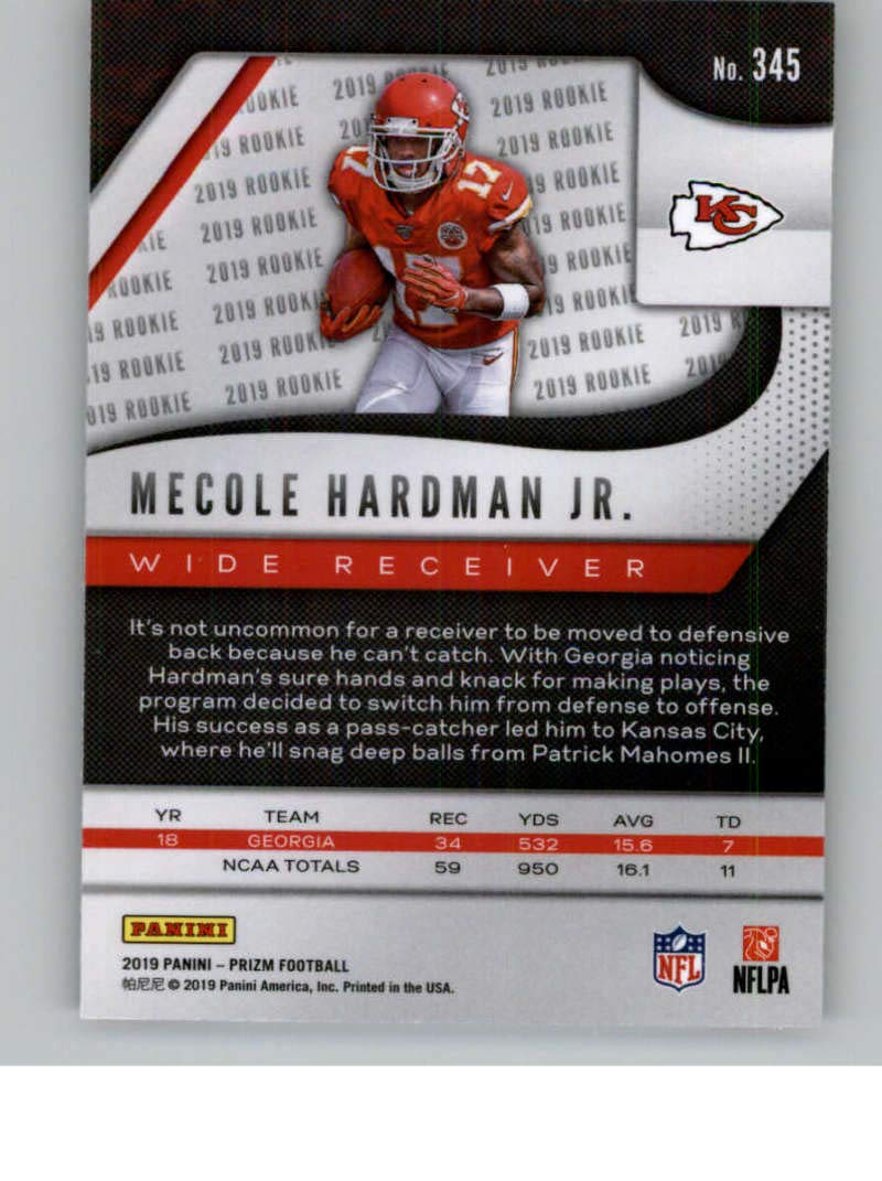 2019 Prizm Football #345 Mecole Hardman Jr. RC Rookie Card Kansas City Chiefs Official Panini NFL Trading Card