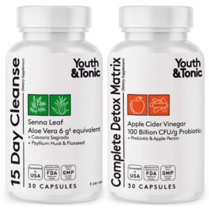 youth & tonic colon cleanser & detox for loss of waste, breaking the plateau, bloating. 60 pills for cleanse with senna leaf, apple cider vinegar, glucomannan and more