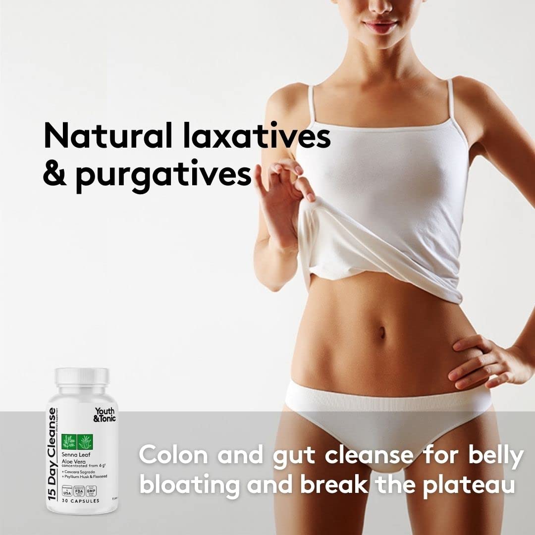 Youth & Tonic Colon Cleanser & Detox for Loss of Waste, Breaking The Plateau, Bloating. 60 Pills for Cleanse with Senna Leaf, Apple Cider Vinegar, Glucomannan and More