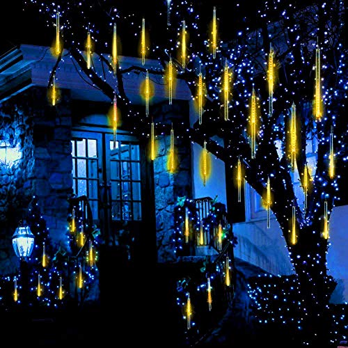 MUEQU Solar Light Outdoor, Waterproof Christmas String Lights Solar LED Meteor Shower Rain Lights Falling Raindrop Light 8Tubes 288LED Fairy Lights for Xmas Tree Garden Party Decor (Warm White)
