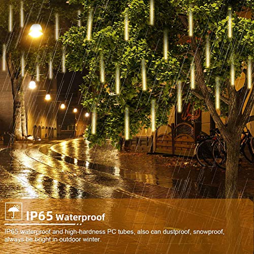 MUEQU Solar Light Outdoor, Waterproof Christmas String Lights Solar LED Meteor Shower Rain Lights Falling Raindrop Light 8Tubes 288LED Fairy Lights for Xmas Tree Garden Party Decor (Warm White)