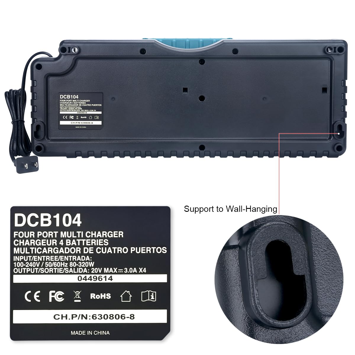 Biswaye DCB104 20V Battery 4-Port Rapid Charger Compatible with De-Walt 12V-20V MAX Lithium Battery DCB204 DCB206 DCB207 DCB606 DCB127 Charger DCB102 DCB118 DCB107 DCB115