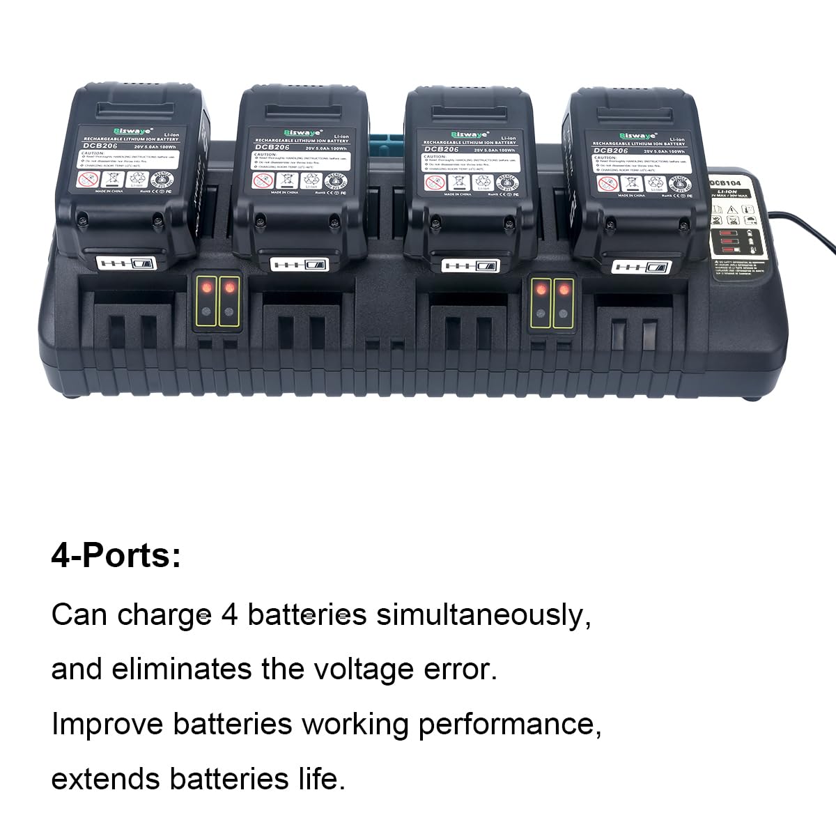 Biswaye DCB104 20V Battery 4-Port Rapid Charger Compatible with De-Walt 12V-20V MAX Lithium Battery DCB204 DCB206 DCB207 DCB606 DCB127 Charger DCB102 DCB118 DCB107 DCB115