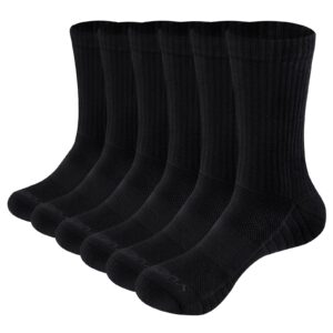 yuedge men's gym tennis running training athletic socks moisture wicking cotton cushioned crew socks black tall mens socks for men plus size 10-13, 6 pairs
