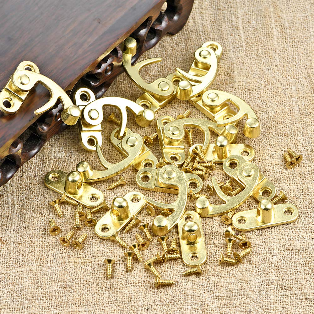 PGMJ 20 Pieces Jewelry Box Hardware Thickened Solid Antique Right Latch Hook Hasp Horn Lock Wood Jewelry Box Latch Hook Clasp and 80 Replacement Screws (Gold)