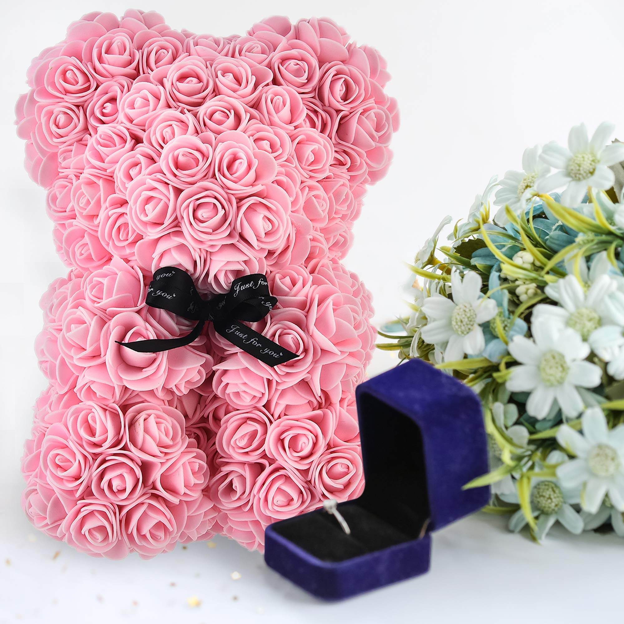 Rose Bear - Rose Teddy Bear on Every Rose Bear -Flower Bear Perfect for Anniversary's - Clear Gift Box Included! 10 Inche (Light Pink)