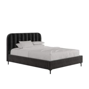 dhp camilla upholstered platform bed with luxe vertical channel tufted headboard, no box spring needed, queen, black velvet