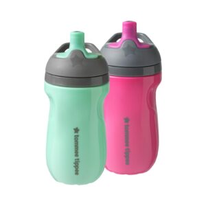 tommee tippee insulated sportee bottle, 9oz, 12+ months, trainer sippy cup for toddlers, spill-proof, easy to hold handle, pink & mint, pack of 2