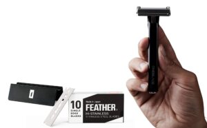 oneblade hybrid safety razor with stand & 10 premium japanese feather fhs refill blades - for all skin types - single blade razor