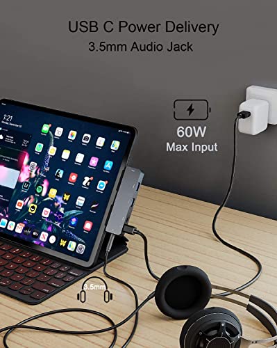 iPad Pro USB C Hub Adapter for iPad Pro 2024 M4 M2 M1,7-in-1 Hub with 4K@60Hz HDMI,3.5mm Jack,USB3.0,PD 60W,SD/TF Card Slot,iPad Air 4/5,iPad Mini 6,iPad Accessories