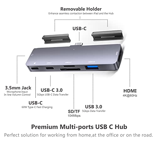 iPad Pro USB C Hub Adapter for iPad Pro 2024 M4 M2 M1,7-in-1 Hub with 4K@60Hz HDMI,3.5mm Jack,USB3.0,PD 60W,SD/TF Card Slot,iPad Air 4/5,iPad Mini 6,iPad Accessories