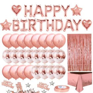 movinpe rose gold birthday party decoration, happy birthday banner, rose gold fringe curtain, foil tablecloth, heart star foil confetti balloons, 10g table confetti for women girl birthday party