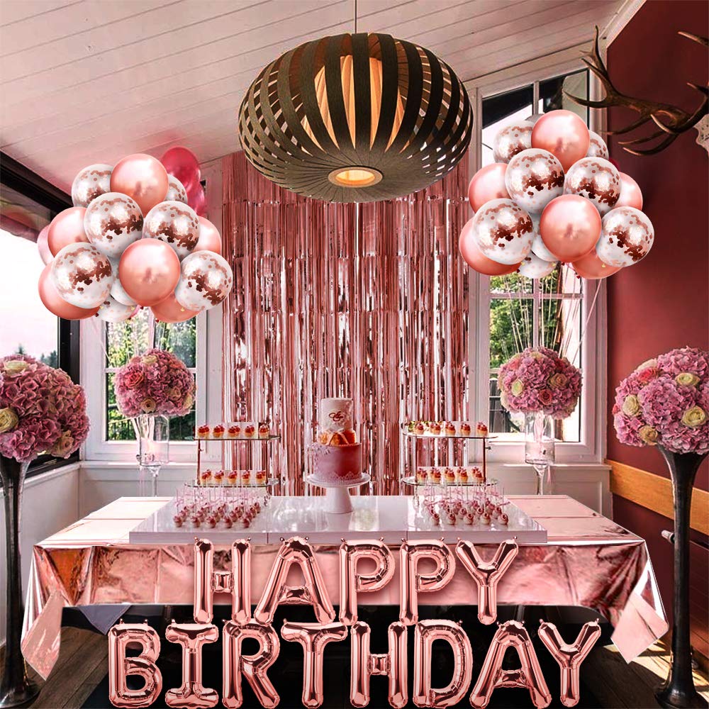 MOVINPE Rose Gold Birthday Party Decoration, Happy Birthday Banner, Rose Gold Fringe Curtain, Foil Tablecloth, Heart Star Foil Confetti Balloons, 10g Table Confetti for Women Girl Birthday Party