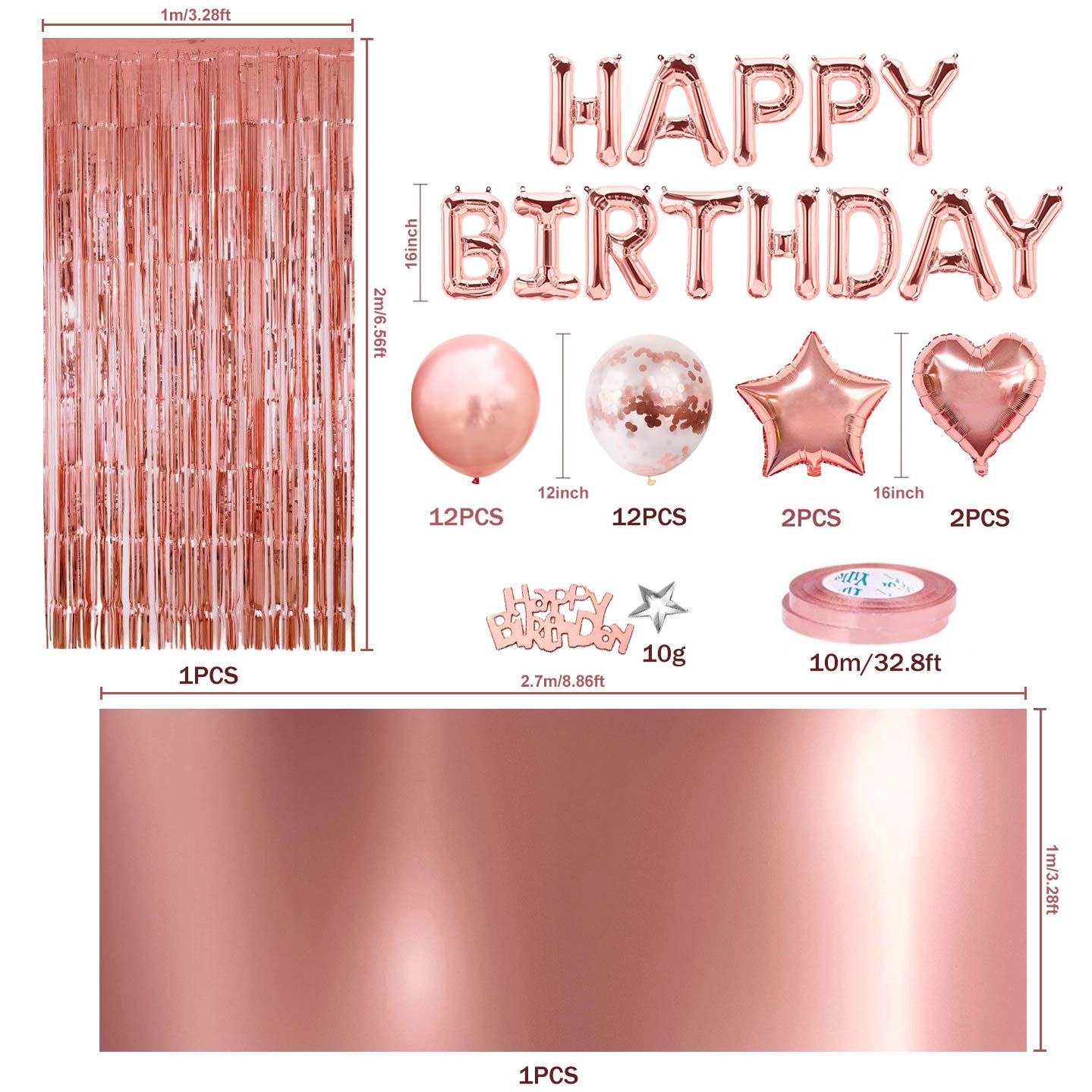 MOVINPE Rose Gold Birthday Party Decoration, Happy Birthday Banner, Rose Gold Fringe Curtain, Foil Tablecloth, Heart Star Foil Confetti Balloons, 10g Table Confetti for Women Girl Birthday Party