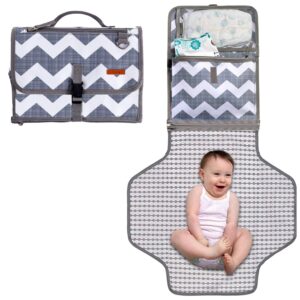 Baby Portable Diaper Changing Pad, Waterproof Travel Changing Mat Station, Built -in Padded Head Rest, Includes Mesh Pockets for Diapers and Wipes