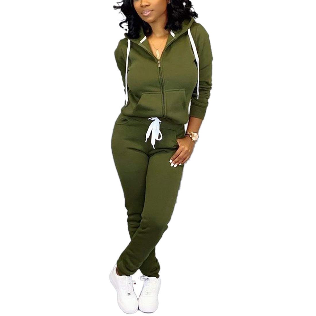 Nimsruc Jogging Suits for Women 2 Piece Tracksuit Long Sleeve Casual Hooded Zipper Pants Set Army Green L