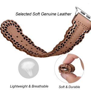 Secbolt Leather Bands Compatible with Apple Watch Band 38mm 40mm 41mm iWatch SE Series 9 8 7 6 5 4 3 2 1, Breathable Chic Lace Leather Strap for Women, Brown