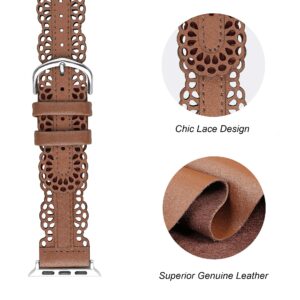 Secbolt Leather Bands Compatible with Apple Watch Band 38mm 40mm 41mm iWatch SE Series 9 8 7 6 5 4 3 2 1, Breathable Chic Lace Leather Strap for Women, Brown