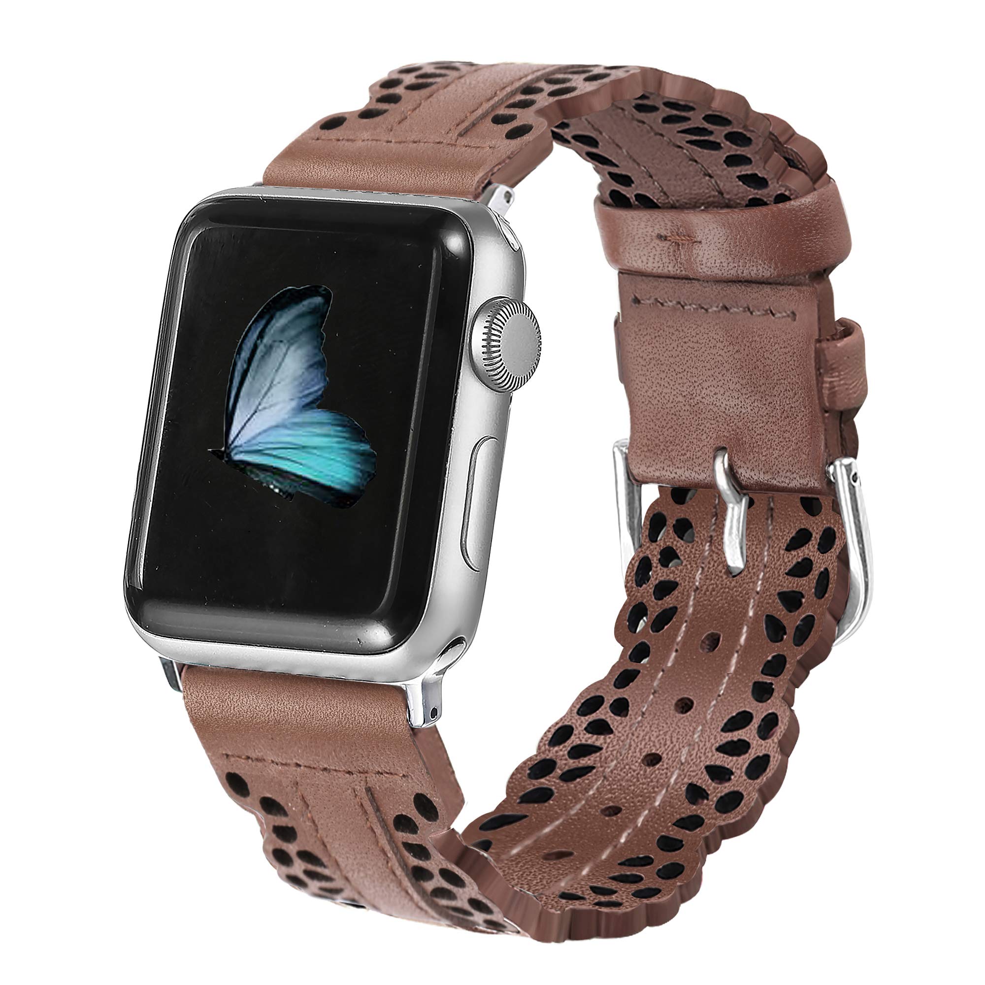 Secbolt Leather Bands Compatible with Apple Watch Band 38mm 40mm 41mm iWatch SE Series 9 8 7 6 5 4 3 2 1, Breathable Chic Lace Leather Strap for Women, Brown