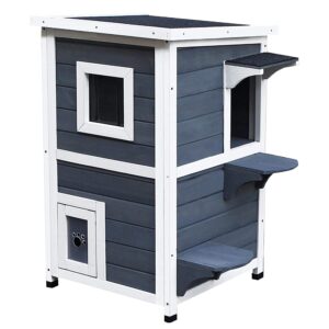 pawhut outdoor cat house with escape door, weatherproof 2-story wooden feral cat shelter with opening asphalt roof, dark gray