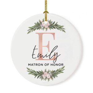 andaz press personalized round ceramic porcelain christmas tree ornament keepsake collectible matron of honor gift, monogram letter with name, 1-pack, custom