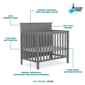 Dream On Me Ava 4-in-1 Convertible Mini Crib in Steel Grey, Greenguard Gold Certified, Non-Toxic Finish, Comes with 1" Mattress Pad, with 3 Mattress Height Settings