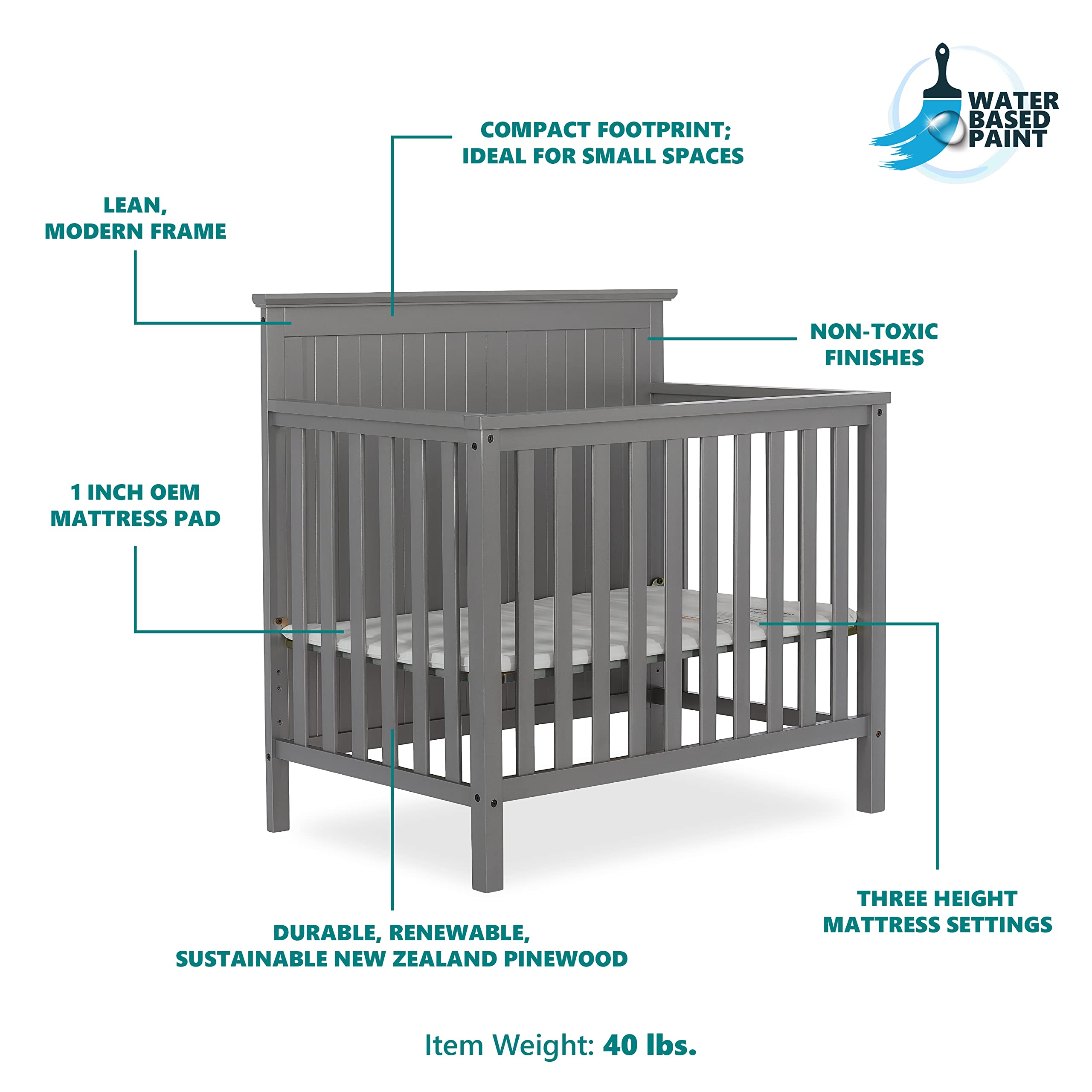 Dream On Me Ava 4-in-1 Convertible Mini Crib in Steel Grey, Greenguard Gold Certified, Non-Toxic Finish, Comes with 1" Mattress Pad, with 3 Mattress Height Settings