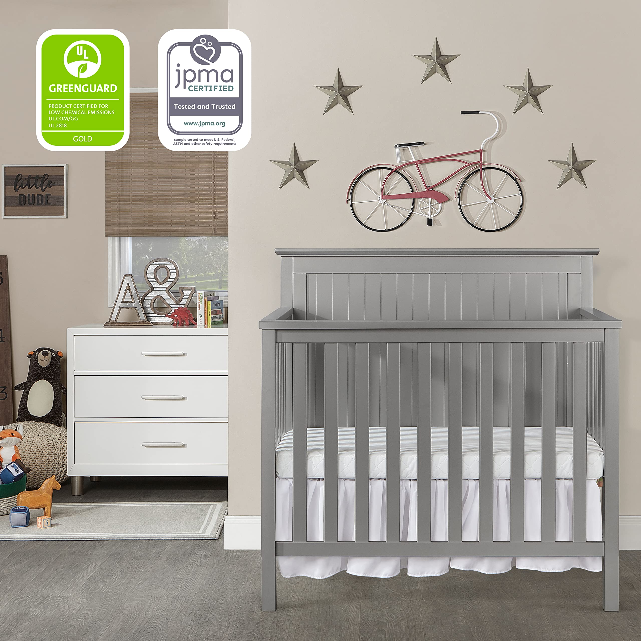 Dream On Me Ava 4-in-1 Convertible Mini Crib in Steel Grey, Greenguard Gold Certified, Non-Toxic Finish, Comes with 1" Mattress Pad, with 3 Mattress Height Settings