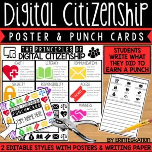 digital citizenship posters, activity, and punch cards - 9 posters - 1 sign - student punch cards - 2 styles (editable)