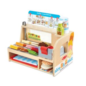 melissa & doug wooden slice & stack sandwich counter with deli slicer – 56-piece pretend play wooden food toys, kitchen food set for toddlers and kids ages 3+