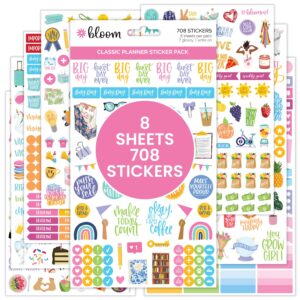 bloom daily planners newly improved classic planner sticker sheets - variety sticker pack for decorating, planning, scrapbooking, etc. - 708 stickers per pack!