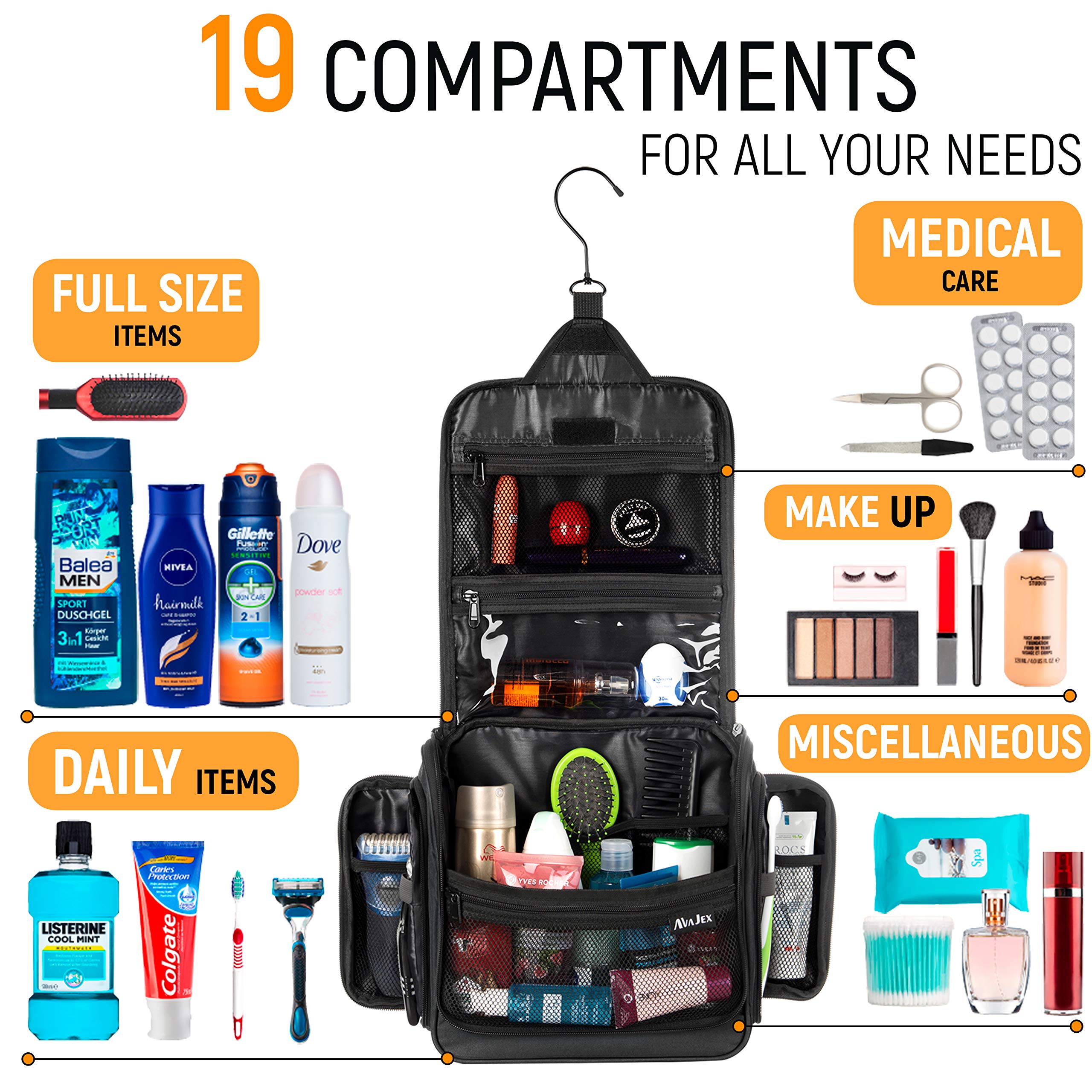 Travel Toiletry Bag for Men and Women - Large Hanging Toiletry Organizer - Waterproof Hygiene Bag with Metal XXL Swivel Hook, with YKK Zippers and 19 Compartments for Toiletries, Makeup, Cosmetics