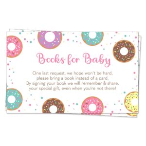 donut baby shower bring a book cards oh baby sprinkles confetti pink purple little library unisex printed (25 count)