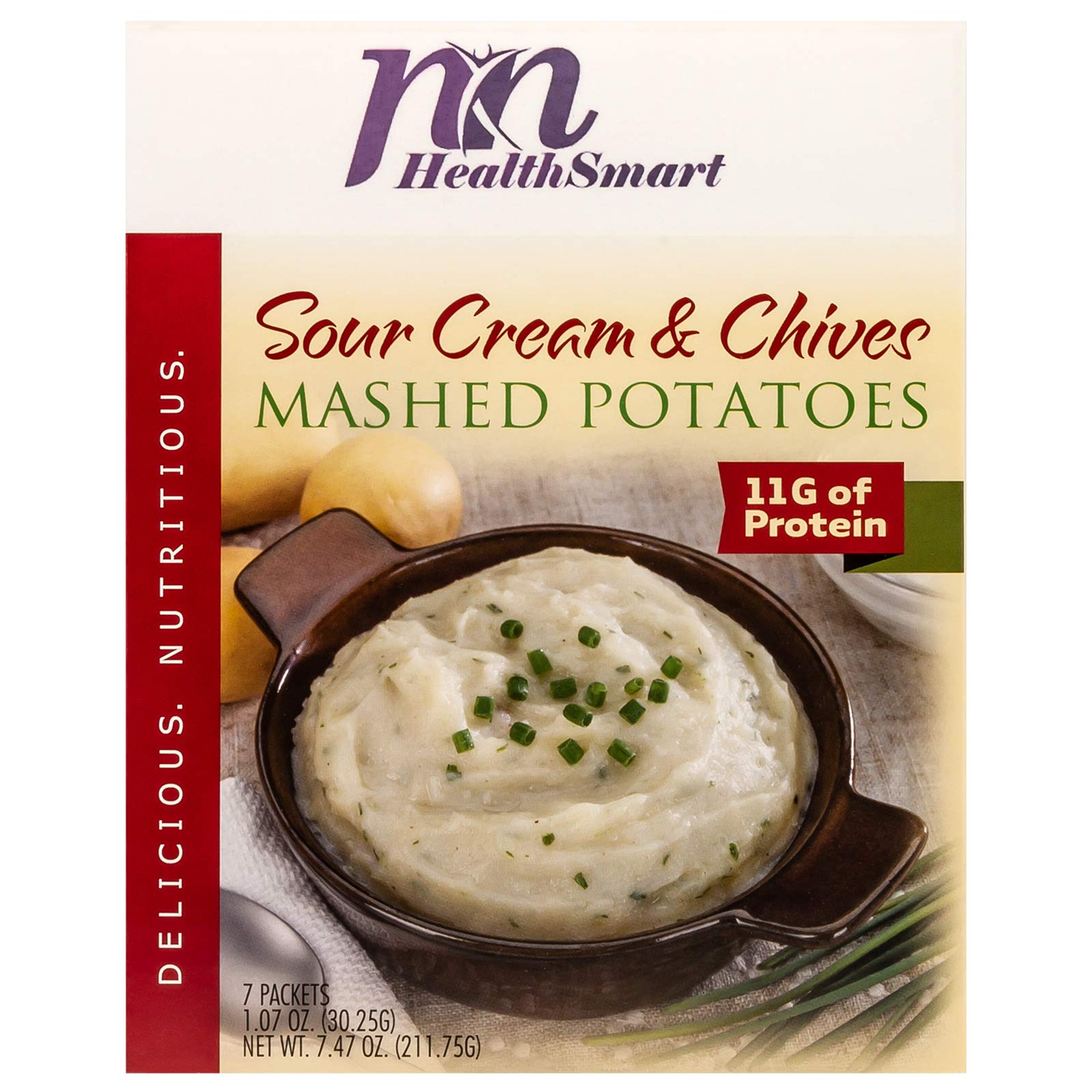 HealthSmart High Protein Instant Creamy Sour Cream & Chive Mashed Potatoes | Low Carb, Low Fat, Low Calorie Mashed Potatoes - Gluten-Free, Quick & Easy Meal | Portion Controlled Servings, 7 Count Box