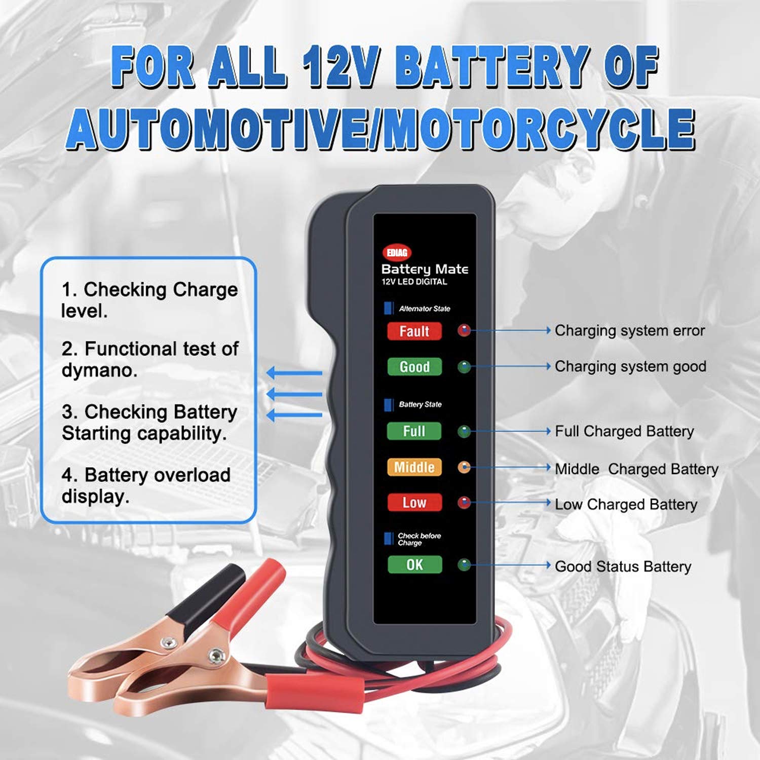 EDIAG 12V Car Battery Tester BM310 Digital Alternator Tester, Check Battery Condition & Alternator Charging for Car, Motorcycle