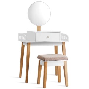 goflame vanity dressing table set with cushioned stool & height-adjustable large mirror, makeup dressing table desk with large drawer for home office bedroom contemporary vanity table desk, white