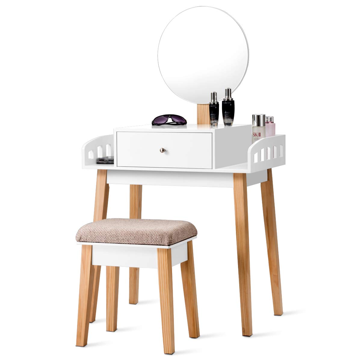 GOFLAME Vanity Dressing Table Set with Cushioned Stool & Height-Adjustable Large Mirror, Makeup Dressing Table Desk with Large Drawer for Home Office Bedroom Contemporary Vanity Table Desk, White