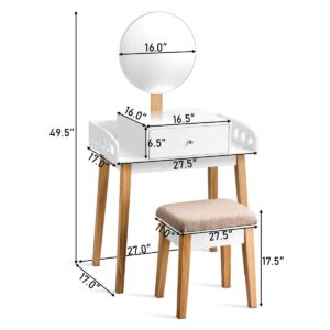 GOFLAME Vanity Dressing Table Set with Cushioned Stool & Height-Adjustable Large Mirror, Makeup Dressing Table Desk with Large Drawer for Home Office Bedroom Contemporary Vanity Table Desk, White